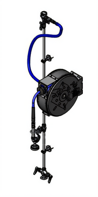 T&S Brass Enclosed 30-Foot Epoxy-Coated Retractable Hose Reel Assembly with Exposed Piping and Accessories