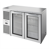 Two-Section Refrigerated Back Bar Cooler with Glass Doors, 52-Inch Wide, Stainless Steel, Self-Contained Side-Mounted Refrigeration
