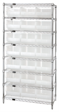Quantum 36 Inch Wide x 18 Inch Deep x 74 Inch High Chrome Plated Bin Wire Shelving System with 8 Shelves and 21 Clear Bins