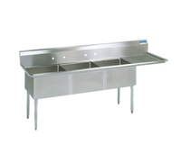 BK Resources Three-Compartment Stainless Steel Sink with Right-Hand Drainboard, 24 x 24 x 14 Bowls