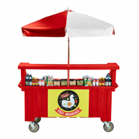 Cambro Camcruiser® Hot Red Vending Cart with 4 Full-Size Wells and Red & White 72-Inch Umbrella