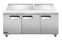 Juneau 72-Inch Three-Section Stainless Steel Refrigerated Prep Table with Rear-Mount Self-Contained Refrigeration