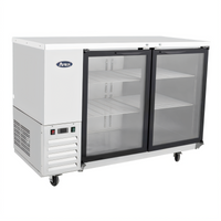 Atosa Two-Section Shallow-Depth Back Bar Cooler with Locking Glass Doors, 15 Cu. Ft., Self-Contained Side-Mount Refrigeration