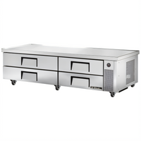True 84-Inch Refrigerated Chef Base with 4 Drawers, 18-Gauge Stainless Steel Top, Self-Contained R290 Refrigeration