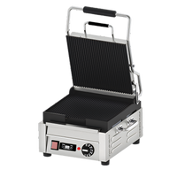 Omcan Single Commercial Panini Press with Grooved Cast Iron Plates, 10 x 11 Inch Cooking Surface, 120V