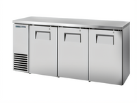 True Two-Section Back Bar Cooler with 3 Solid Locking Doors, 72-1/8 Inch Wide, Stainless Steel