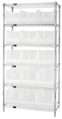 Quantum Chrome-Plated Wire Shelving Bin Storage System with 6 Shelves and 15 Clear Containers