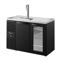 True 48-Inch Two-Section Refrigerated Draft Bar Cooler with One Solid Door, One Glass Door, and Beer Column