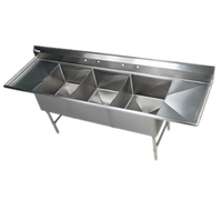 Elite Three-Compartment Stainless Steel Sink with Double Drainboards, 102 x 31-1/2 x 41 Inches