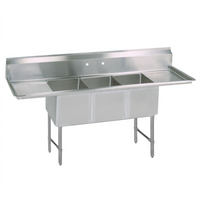 BK Resources Three-Compartment Stainless Steel Sink with Left and Right Drainboards, 18 x 24 x 14 Inch Bowls