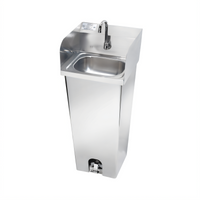 Stainless Steel Pedestal Mount Hand Wash Sink with Gooseneck Faucet, Foot Pedal Valve, Side Splashes, and Backsplash