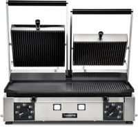 Trento Commercial Countertop Double Panini Grill with Ribbed Top and 1/2 Smooth 1/2 Ribbed Bottom, 10 x 19 Inch Surface, 220V