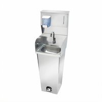 Krowne Pedestal-Mounted Stainless Steel Hand Sink with Foot Pedal Valve, Side Splashes, and Soap/Towel Dispenser
