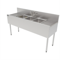 Top Shelf TS Series 60-Inch 3-Compartment Stainless Steel Underbar Sink Unit with Left and Right Drainboards