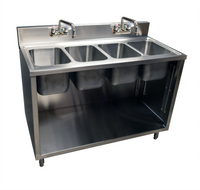 BK Resources 48-Inch Four-Compartment Stainless Steel Sink Cabinet, Open Front, with 2 Gooseneck Faucets and 4 Drains
