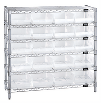 Quantum Chrome-Plated Stationary Wire Shelving Bin Storage System with 6 Shelves and 20 Clear Bins