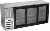 Beverage-Air 72-Inch Three-Section Food-Rated Back Bar Refrigerator with Sliding Glass Doors, Stainless Steel, Right-Mounted Self-Contained Refrigeration