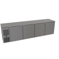 Glastender 108-Inch Four-Section Front-Serviced Low-Profile Back Bar Cooler with Self-Contained R290 Refrigeration