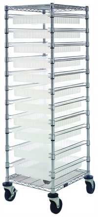 Quantum Mobile Bus Cart with 11 Clear Bins, 2 Wire Shelves, and Casters, 21 x 24 x 69 Inches, Chrome Plated