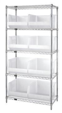 Quantum 42-Inch Wide Bin Wire Shelving System with 5 Shelves and 8 Clear Bins