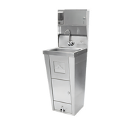 Advance Tabco Pedestal-Mounted Hand Sink with 14 x 10 x 5 Inch Bowl, Faucet, Soap and Paper Towel Dispenser, Pedal Valves, Trash Receptacle and Cabinet Storage