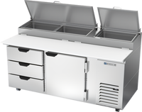 Beverage-Air DPD72HC-3 72-Inch Two-Section Pizza Top Refrigerated Prep Table with Drawers and Door