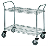 Quantum 2-Shelf Stainless Steel Utility Bus Cart with U-Shaped Handles and Polyurethane Casters