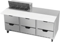 Beverage-Air 72-Inch Three-Section Sandwich Prep Table Refrigerated Counter with 6 Drawers, 8-Pan Cut Top, and 17-Inch Cutting Board