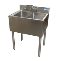 BK Resources 24-Inch Two-Compartment Stainless Steel Underbar Sink with Lead-Free Faucet, Basket Drains, and Overflow Standpipes