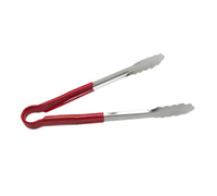 10 Inch Heavy-Duty Stainless Steel Scalloped Edge Utility Tongs with Red Poly-Coated Handle