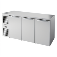 True Three-Section Stainless Steel Back Bar Cooler with Solid Hinged Locking Doors, 72 Inch Wide