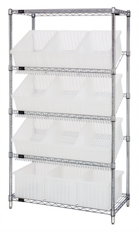 Quantum Stationary Wire Shelving Bin System with 12 Clear Bins, 36 x 18 x 63 Inches