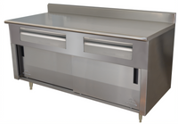 Advance Tabco 72-Inch x 30-Inch 14-Gauge 304 Stainless Steel Enclosed Storage Cabinet Work Table with 5-Inch Backsplash, Drawers, and Sliding Doors