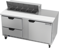 Beverage-Air Two-Section 60-Inch Sandwich Prep Table Refrigerated Counter with 10-Pan Top, Drawers, and Door