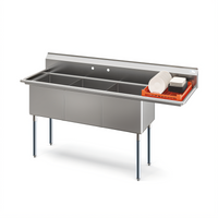 KoolMore 75-Inch 3-Compartment Commercial Sink with Right-Hand Drainboard and Backsplash