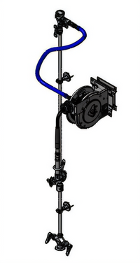 Open Stainless Steel Retractable Hose Reel Assembly with Exposed Piping, 12 ft Hose, and 1.07 GPM Spray Valve