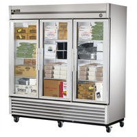 True 3-Section Reach-In Glass Door Freezer with Triple-Pane Doors, -10°F, Self-Contained Bottom-Mount Refrigeration