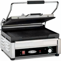 Serv-Ware Single Countertop Electric Panini Press with Grooved Cast Iron Top and Bottom Plates