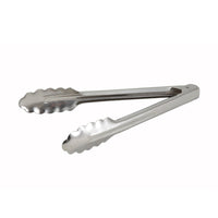 Winco 9-Inch Heavyweight Stainless Steel Utility Tongs with Coiled Spring and Scalloped Edge