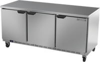 Beverage-Air 72-Inch Three-Section Worktop Refrigerator with Flat Top and Solid Doors
