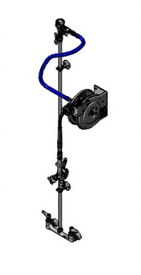 T&S Brass Open Stainless Steel Retractable Hose Reel Assembly with Exposed Piping and 12-Foot Hose