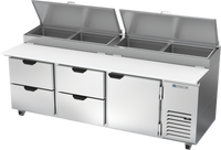 Beverage-Air Three-Section Refrigerated Pizza Prep Table with 4 Drawers, 1 Door and 19-Inch Cutting Board
