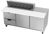 Beverage-Air 72-Inch Three-Section Sandwich Prep Table with 12-Pan Top, 2 Doors, 2 Drawers, and Rear-Mounted Refrigeration