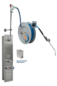 50' Stainless Steel Open Wall-Mounted Retractable Hose Reel with Recessed Cabinet, Mixing Valve, Control Valve, and Vacuum Breaker