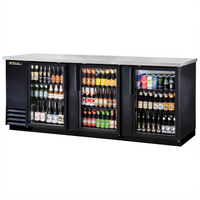 True TBB-4G-HC-LD Three-Section Back Bar Cooler with 3 Locking Glass Doors and Left-Mounted Condensing Unit