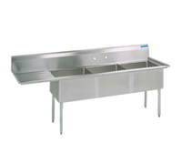 BK Resources Three-Compartment Stainless Steel Sink with Left Drainboard and 18