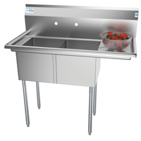 KoolMore 43-Inch Two-Compartment Stainless Steel Commercial Sink with Right-Hand Drainboard and Backsplash