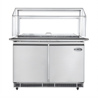 48-Inch Stainless Steel Commercial Refrigerated Prep Station with Sneeze Guard and Buffet Slide, 2-Door, Self-Contained Rear-Mounted