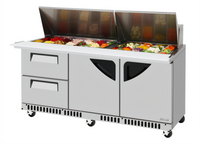 Turbo Air Super Deluxe 72-5/8-Inch Three-Section Front Breathing Sandwich/Salad Mega Top Prep Table with 30-Pan Opening, 2 Drawers, and 2 Doors
