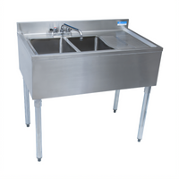 BK Resources Slim-Line 36 Inch Two-Compartment Underbar Sink with Right Drainboard, Faucet, and Drain Kit
